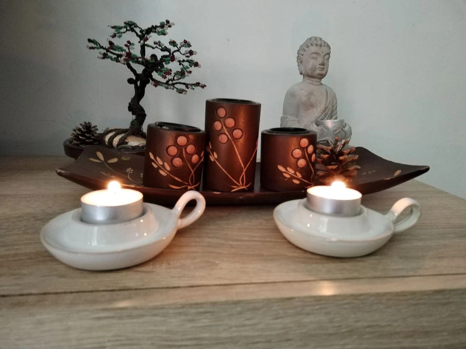 set van 2 mooie handgemaakte emaille keramische theelichtkaarsenhouders. – photo 4